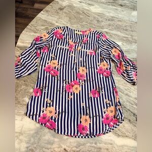 Wishful Park Floral Striped Blouse L Navy Pink Zip 3/4 Sleeve